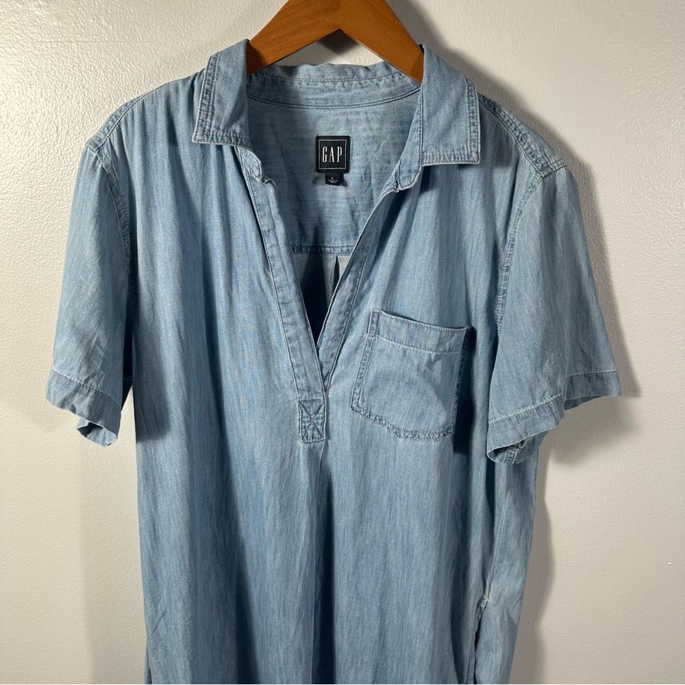 GAP Light Indigo Short Sleeve V-Neck Popover Denim Chambray Dress Size Large - Picture 9 of 13